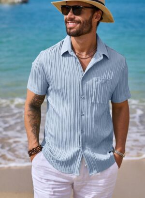 JMIERR Men's Button Down Shirts Textured Short Sleeve Casual Summer Hawaiian Beach Shirt with Pocket - Image 2