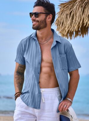 JMIERR Men's Button Down Shirts Textured Short Sleeve Casual Summer Hawaiian Beach Shirt with Pocket - Image 3