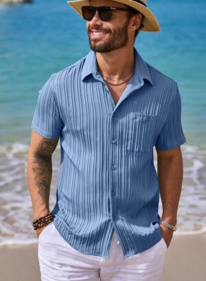 JMIERR Men's Button Down Shirts Textured Short Sleeve Casual Summer Hawaiian Beach Shirt with Pocket - Image 2